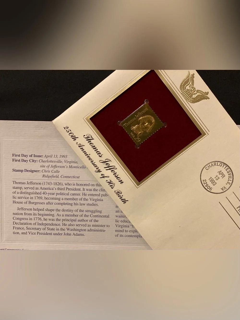 Commemorative Thomas Jefferson Gold Tone Stamp Plaque in Red